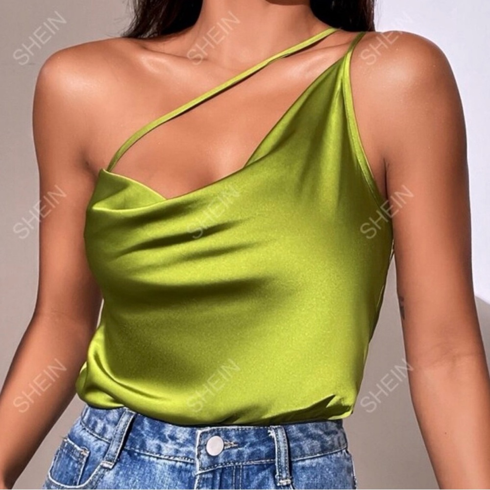 Satin One Shoulder Bodysuit Chartreuse Green | NWOT | Size S & L